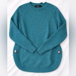 Lucky & Blessed Teal Knit Sweater Small Snap Button Hem Cozy Pullover Boho